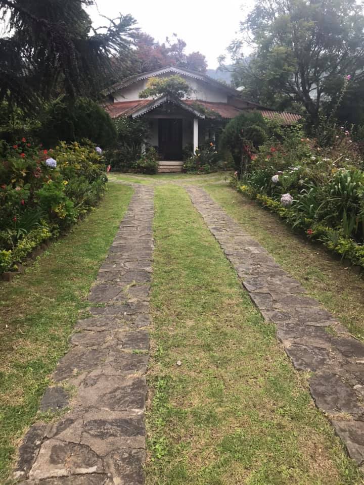 A stone-slab driveway through a flowering garden, leading up to the cottage at Rose Bank, a low bungalow with a red tiled roof.
